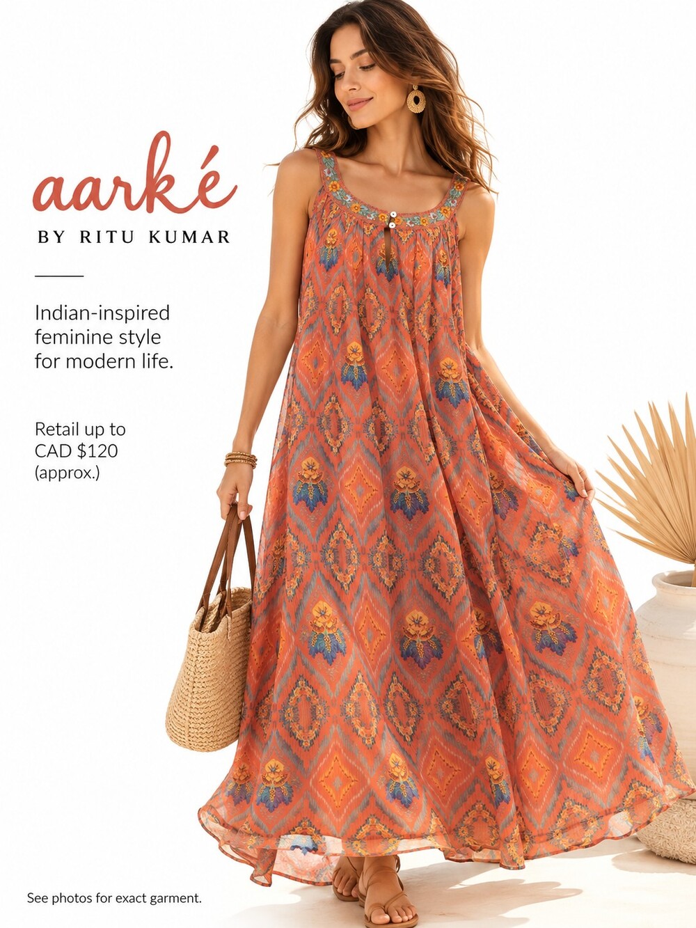 RITU KUMAR Geometric Maxi Dress in Orange & Blue Size Large
